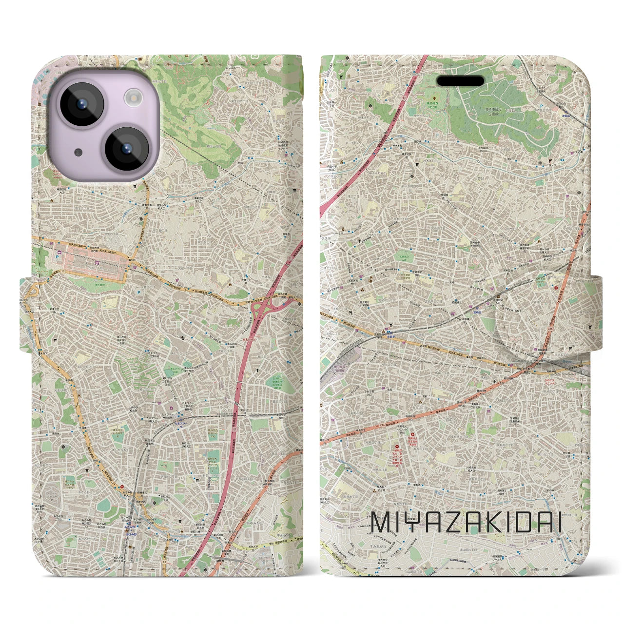 【宮崎台(神奈川県)】地図柄iPhoneケース(手帳タイプ)ナチュラル・iPhone 14 用