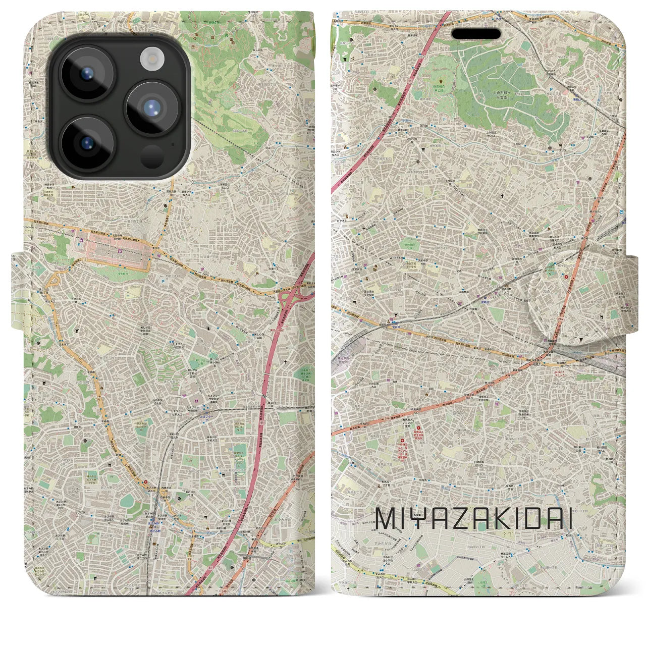 【宮崎台(神奈川県)】地図柄iPhoneケース(手帳タイプ)ナチュラル・iPhone 15 Pro Max 用