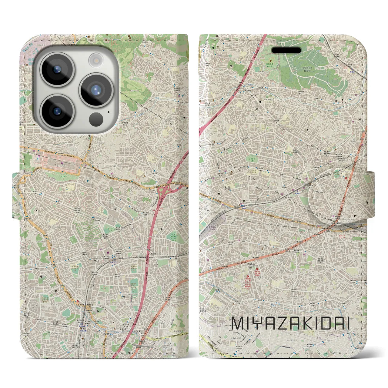 【宮崎台(神奈川県)】地図柄iPhoneケース(手帳タイプ)ナチュラル・iPhone 15 Pro 用