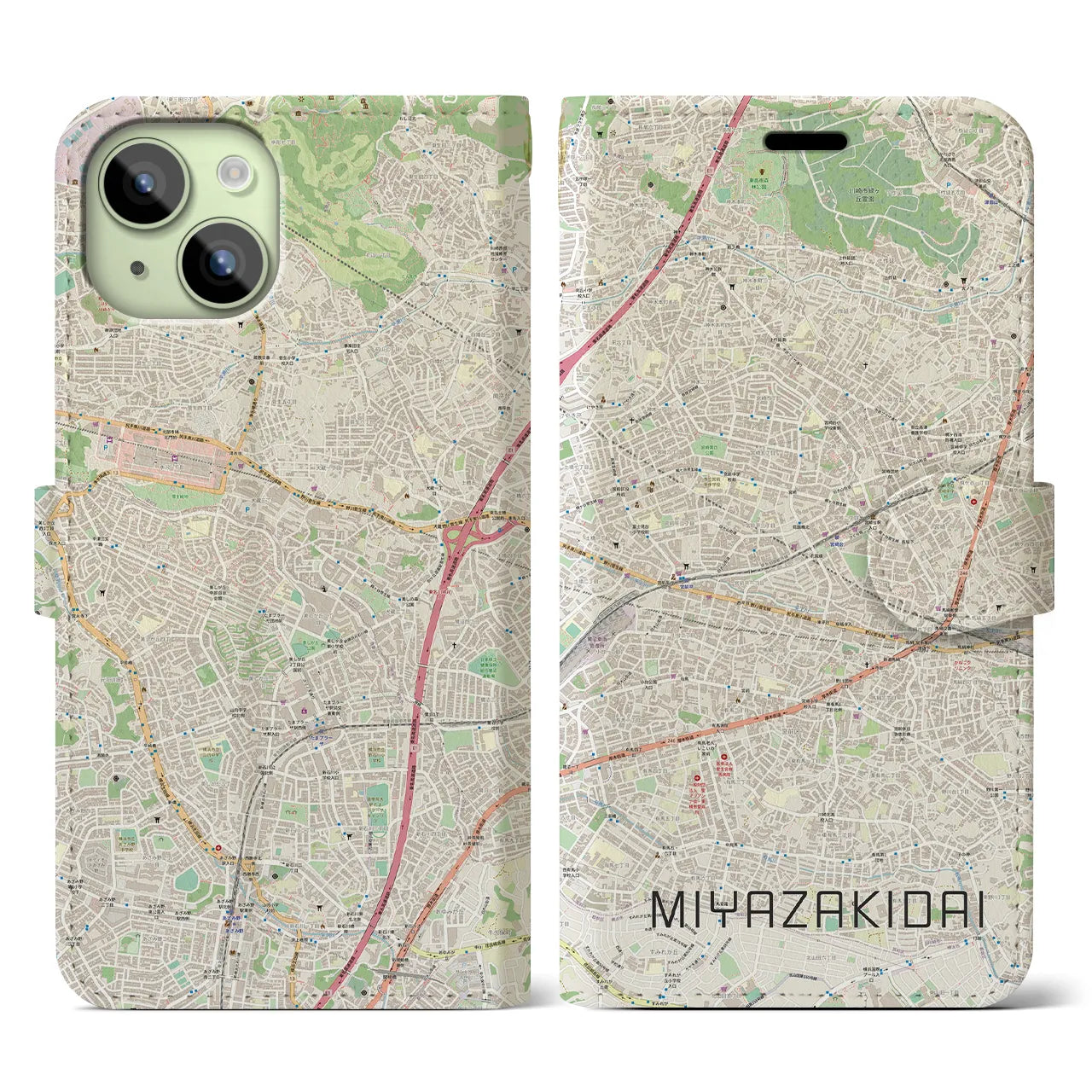 【宮崎台(神奈川県)】地図柄iPhoneケース(手帳タイプ)ナチュラル・iPhone 15 用