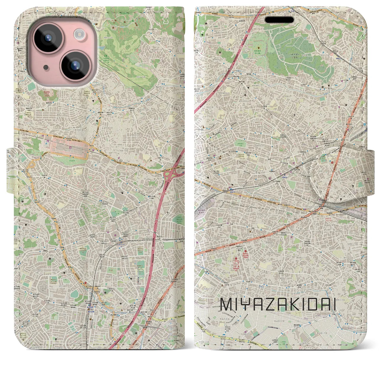 【宮崎台(神奈川県)】地図柄iPhoneケース(手帳タイプ)ナチュラル・iPhone 15 Plus 用