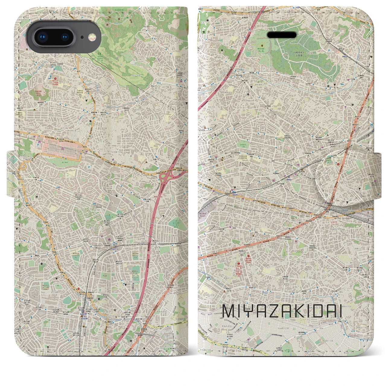 【宮崎台(神奈川県)】地図柄iPhoneケース(手帳タイプ)ナチュラル・iPhone 8Plus /7Plus / 6sPlus / 6Plus 用