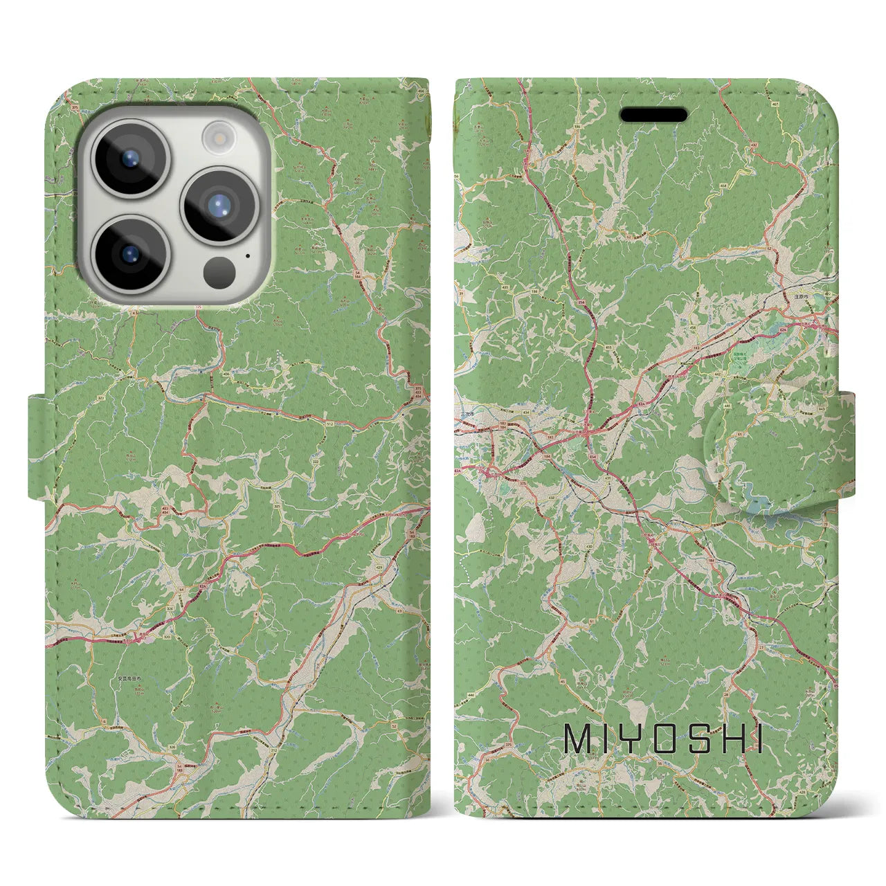 【三次(広島県)】地図柄iPhoneケース(手帳タイプ)ナチュラル・iPhone 15 Pro 用
