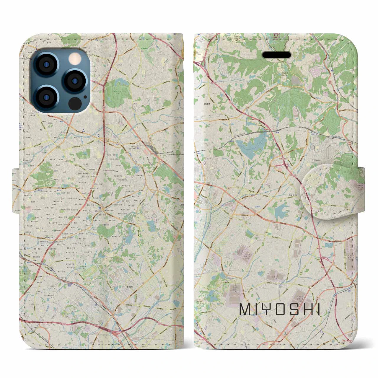 【みよし(愛知県)】地図柄iPhoneケース(手帳タイプ)ナチュラル・iPhone 12 / 12 Pro 用