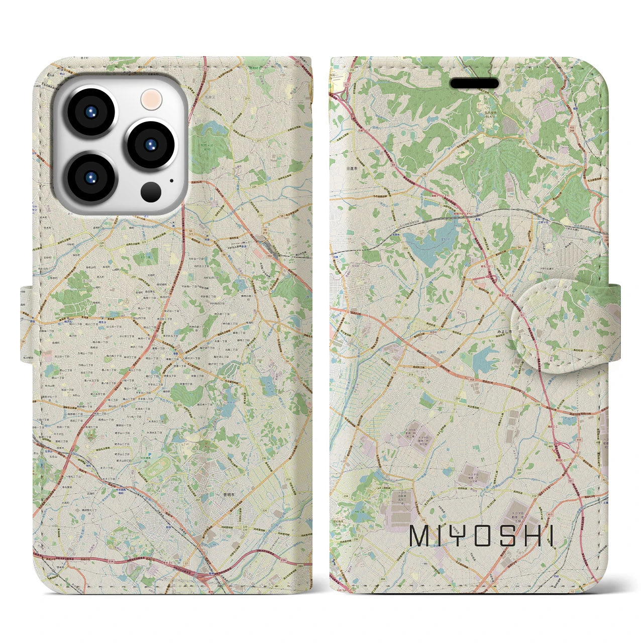 【みよし(愛知県)】地図柄iPhoneケース(手帳タイプ)ナチュラル・iPhone 13 Pro 用