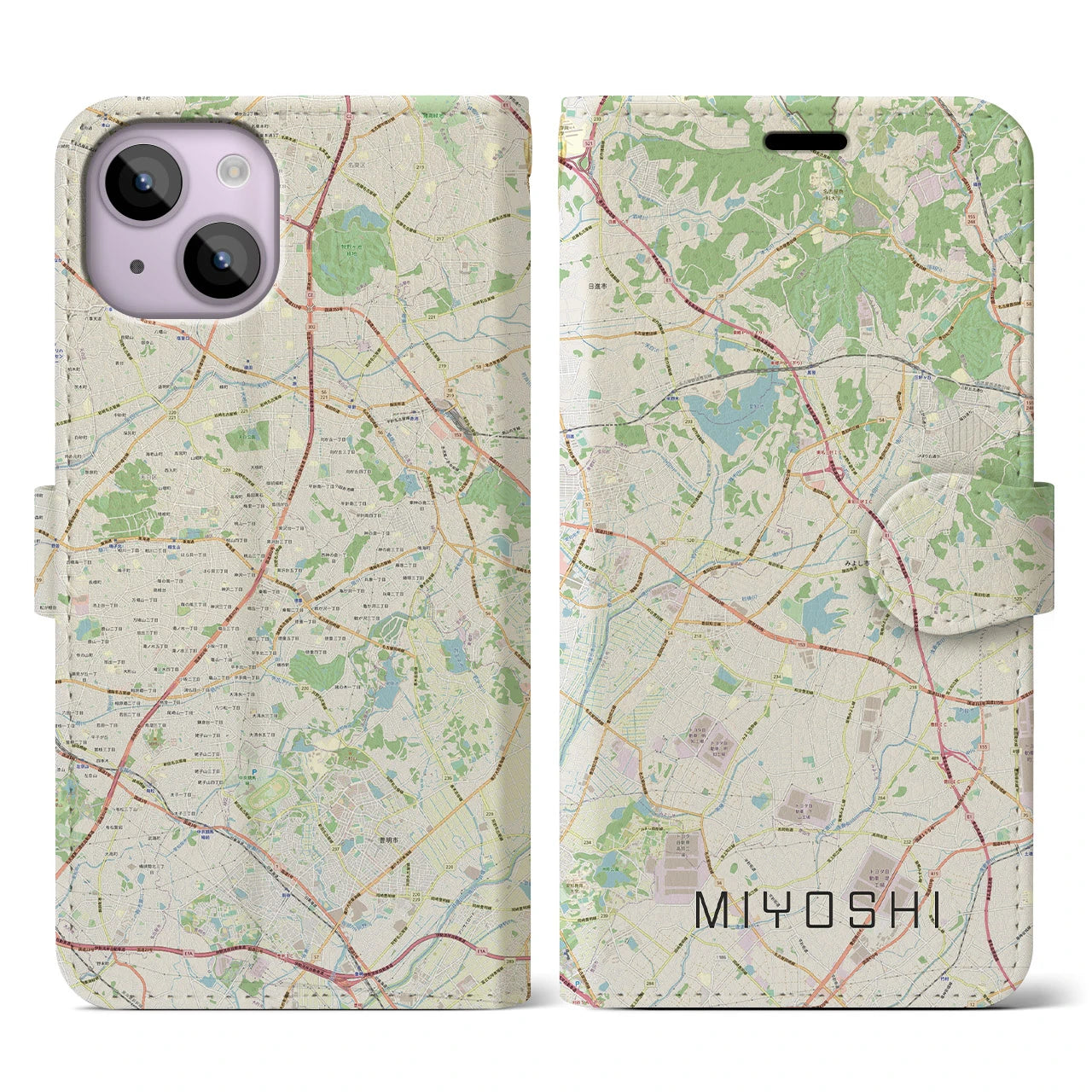 【みよし(愛知県)】地図柄iPhoneケース(手帳タイプ)ナチュラル・iPhone 14 用
