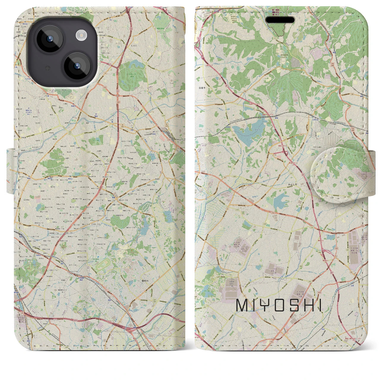【みよし(愛知県)】地図柄iPhoneケース(手帳タイプ)ナチュラル・iPhone 14 Plus 用