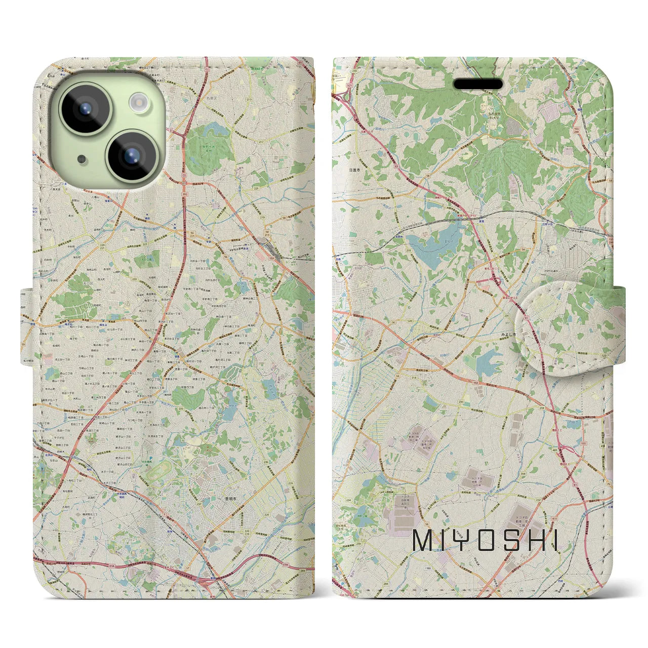 【みよし(愛知県)】地図柄iPhoneケース(手帳タイプ)ナチュラル・iPhone 15 用