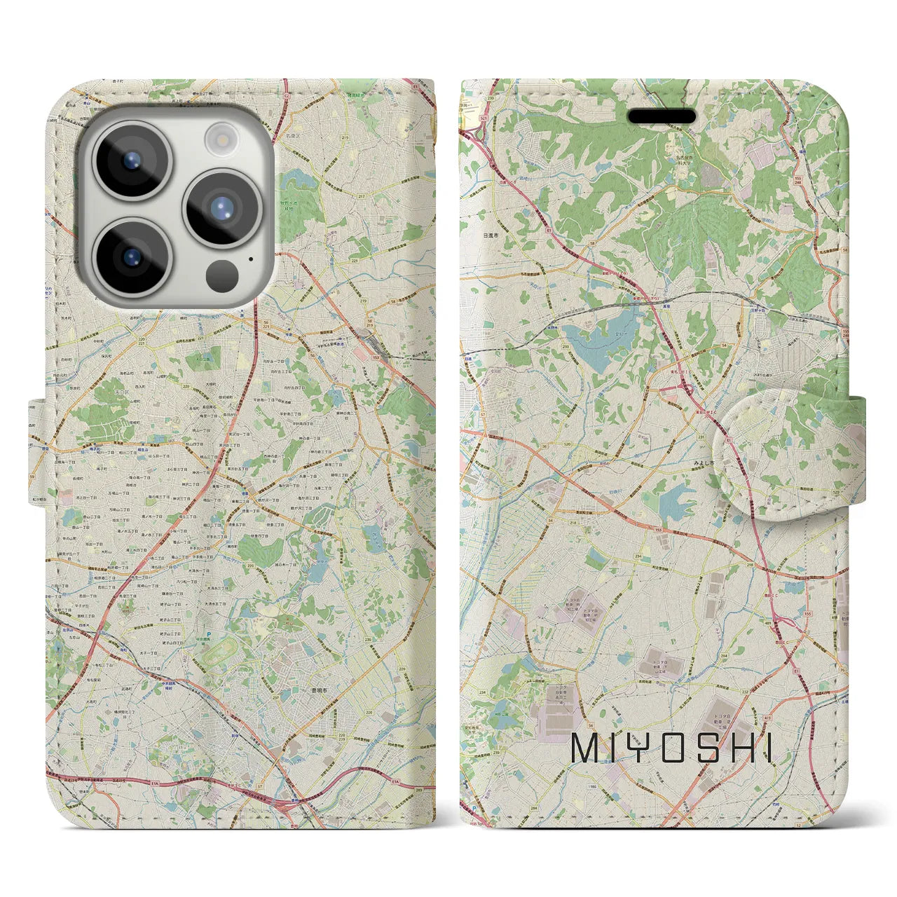 【みよし(愛知県)】地図柄iPhoneケース(手帳タイプ)ナチュラル・iPhone 15 Pro 用