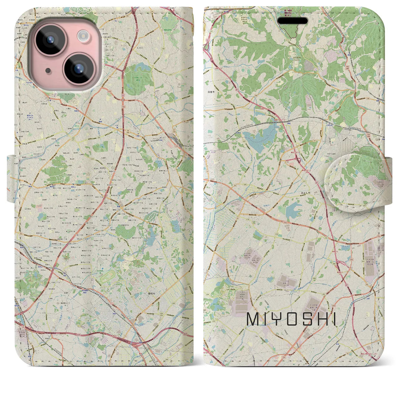 【みよし(愛知県)】地図柄iPhoneケース(手帳タイプ)ナチュラル・iPhone 15 Plus 用