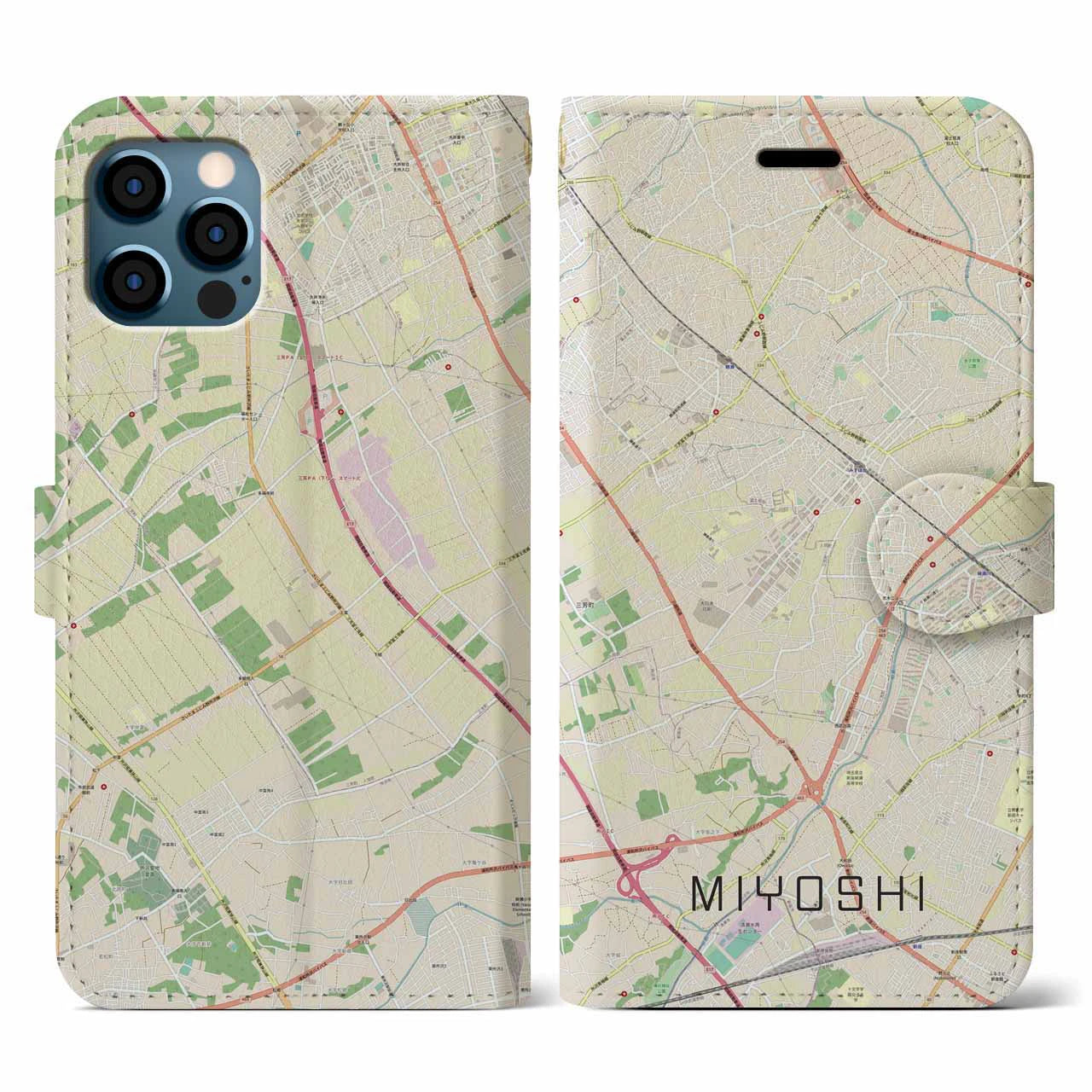 【三芳(埼玉県)】地図柄iPhoneケース(手帳タイプ)ナチュラル・iPhone 12 / 12 Pro 用