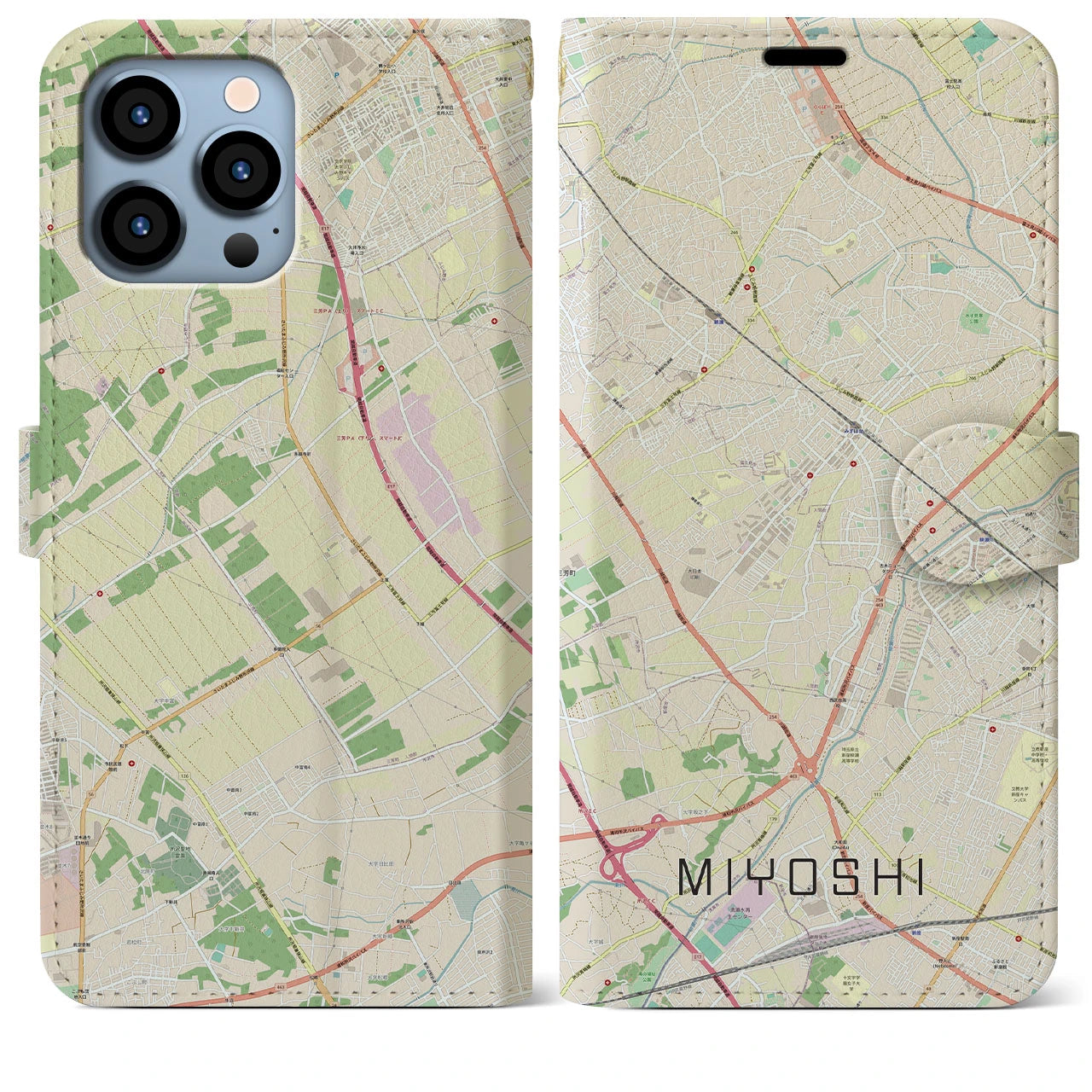 【三芳(埼玉県)】地図柄iPhoneケース(手帳タイプ)ナチュラル・iPhone 13 Pro Max 用