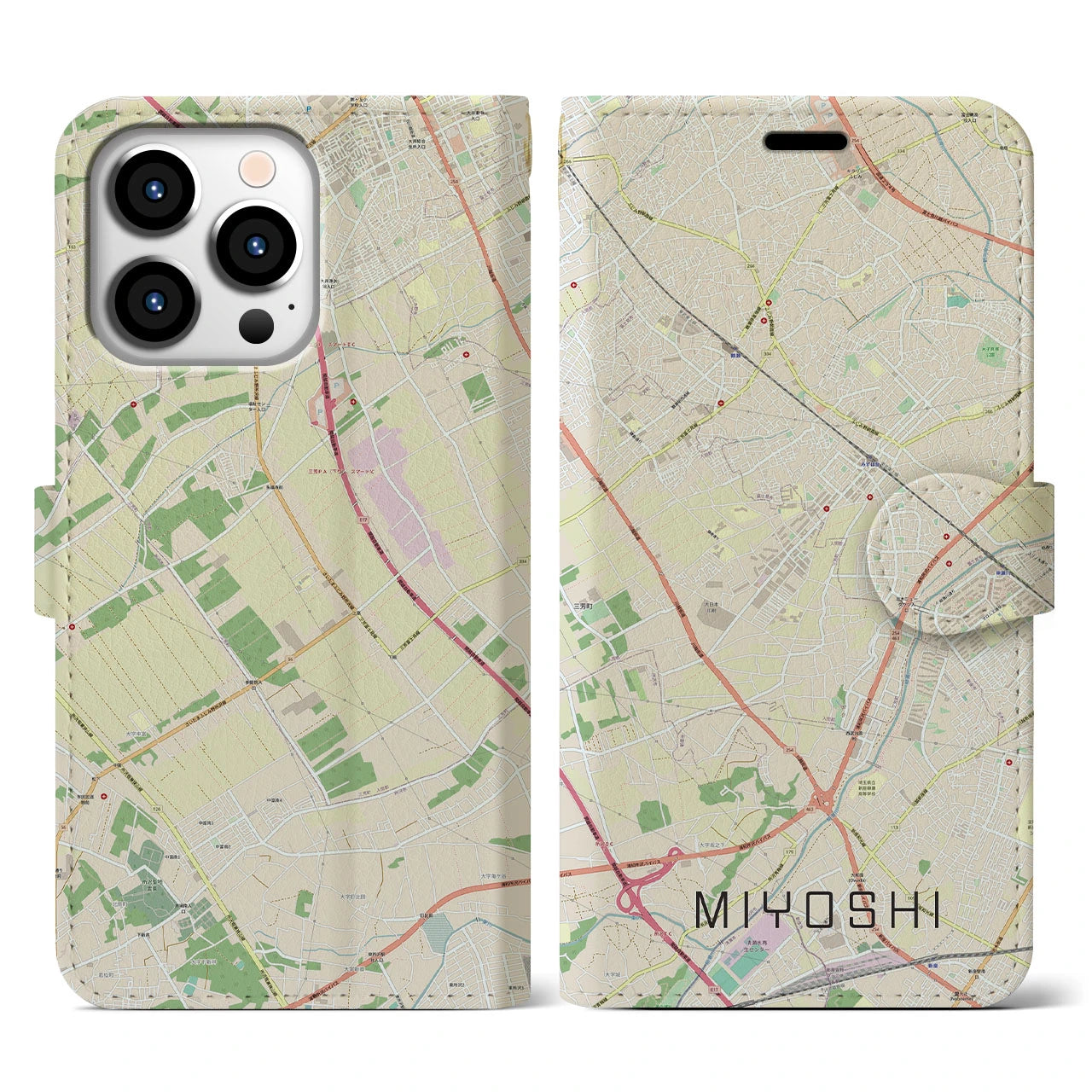 【三芳(埼玉県)】地図柄iPhoneケース(手帳タイプ)ナチュラル・iPhone 13 Pro 用