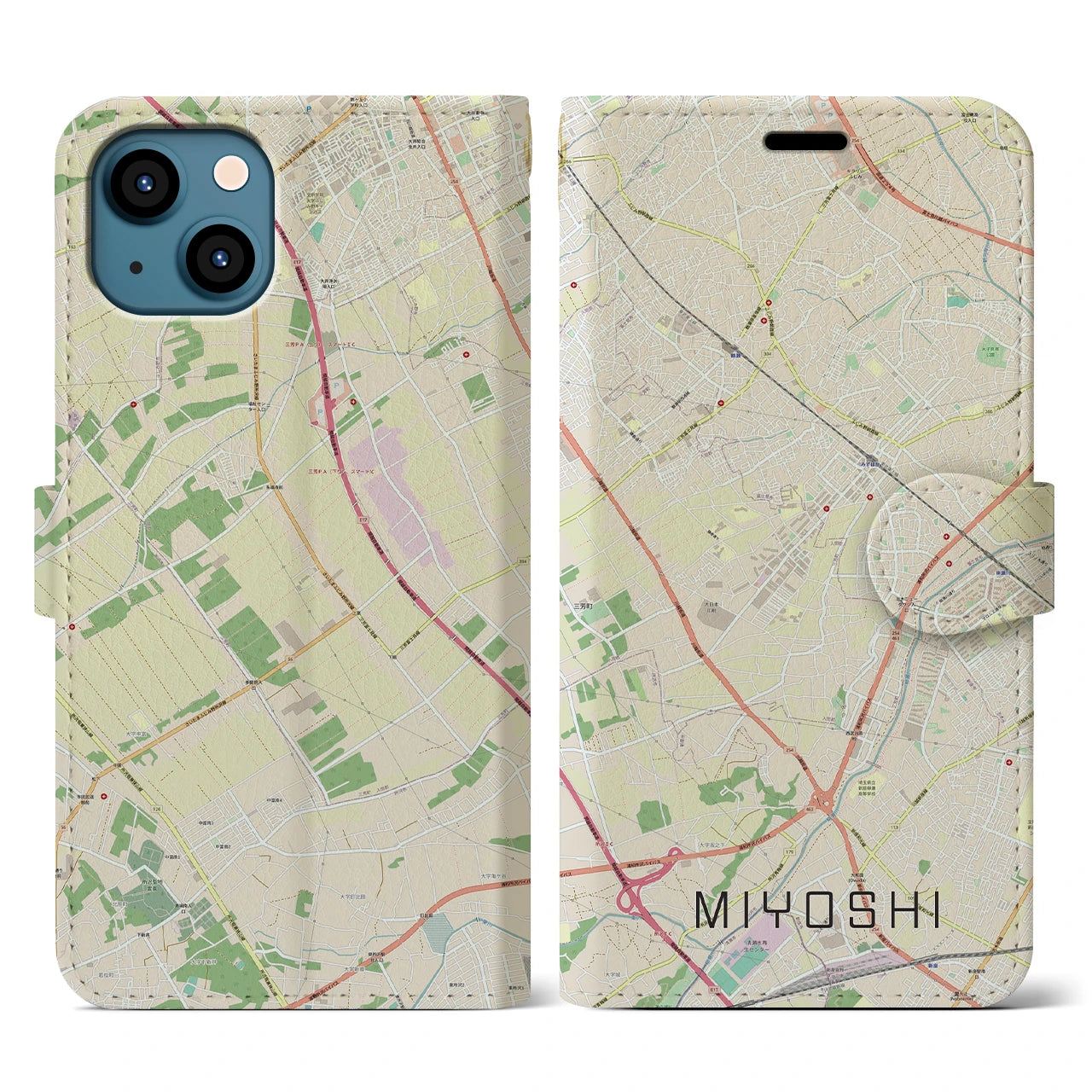 【三芳(埼玉県)】地図柄iPhoneケース(手帳タイプ)ナチュラル・iPhone 13 用