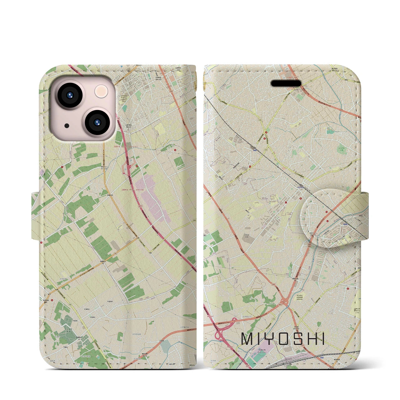 【三芳(埼玉県)】地図柄iPhoneケース(手帳タイプ)ナチュラル・iPhone 13 mini 用