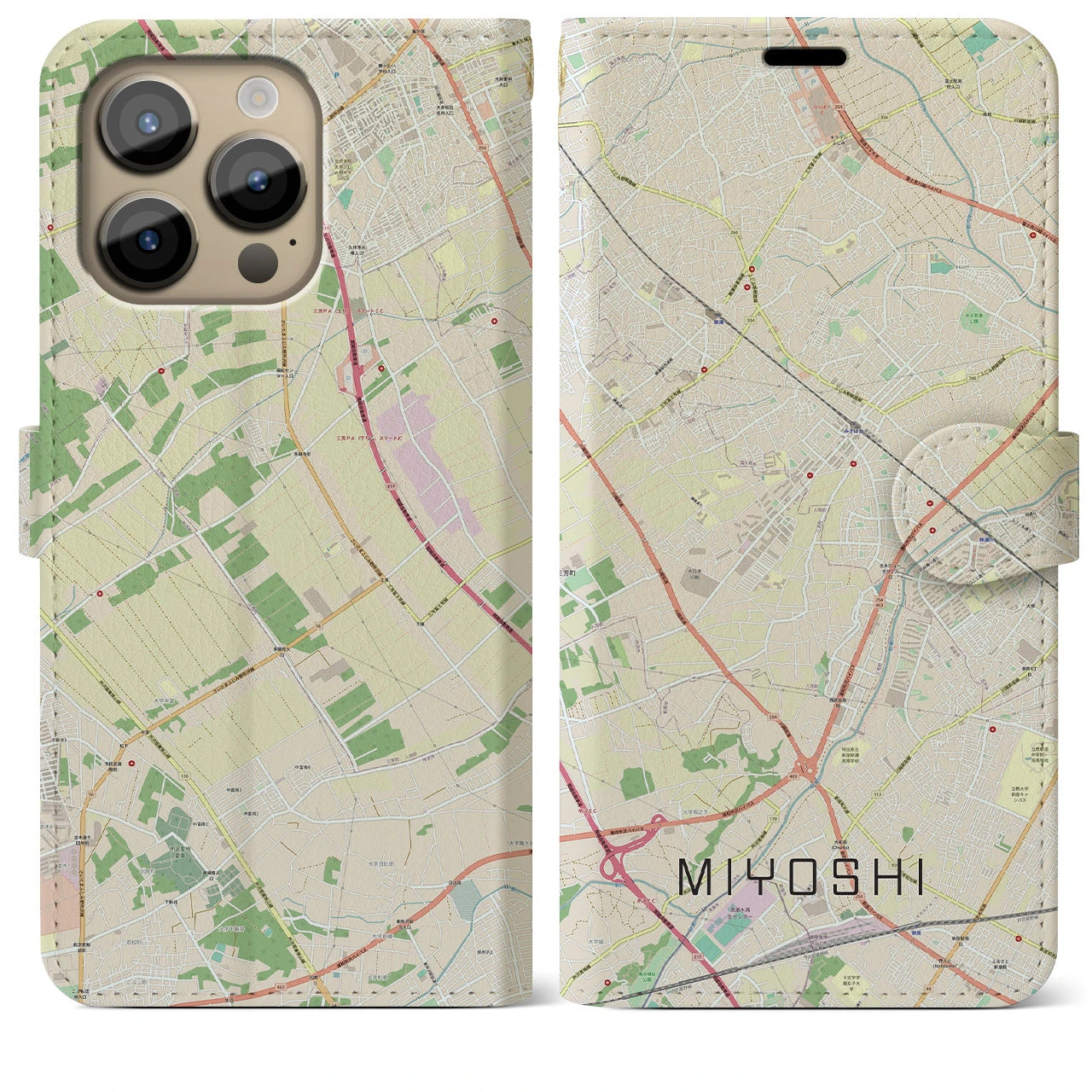 【三芳(埼玉県)】地図柄iPhoneケース(手帳タイプ)ナチュラル・iPhone 14 Pro Max 用