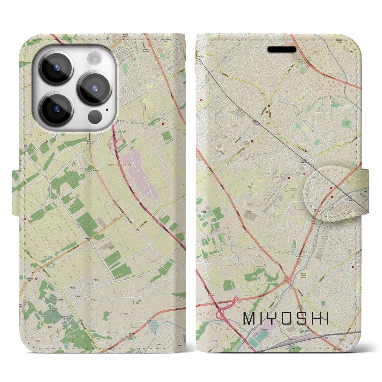 【三芳(埼玉県)】地図柄iPhoneケース(手帳タイプ)ナチュラル・iPhone 14 Pro 用