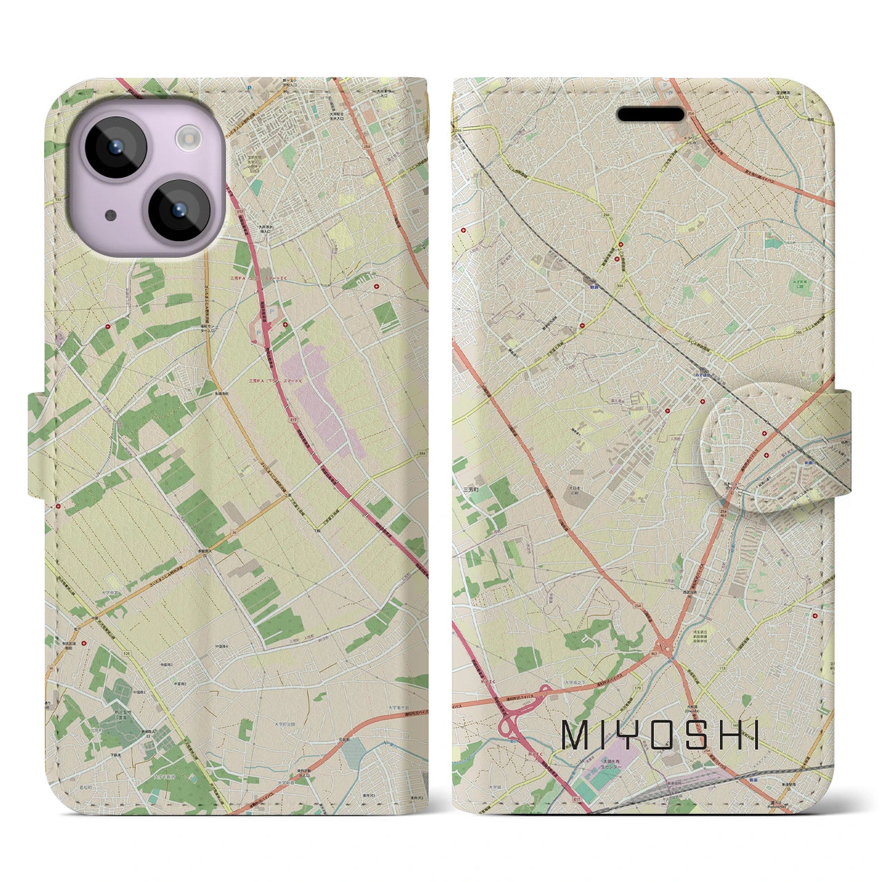 【三芳(埼玉県)】地図柄iPhoneケース(手帳タイプ)ナチュラル・iPhone 14 用