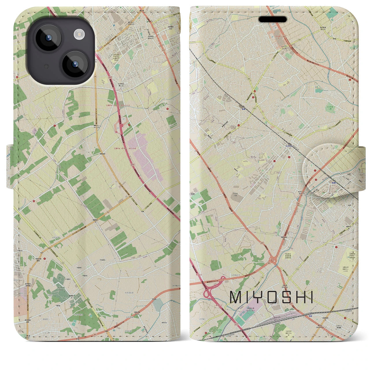 【三芳(埼玉県)】地図柄iPhoneケース(手帳タイプ)ナチュラル・iPhone 14 Plus 用