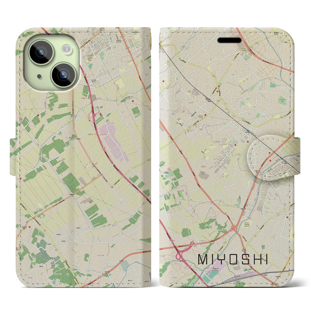 【三芳(埼玉県)】地図柄iPhoneケース(手帳タイプ)ナチュラル・iPhone 15 用