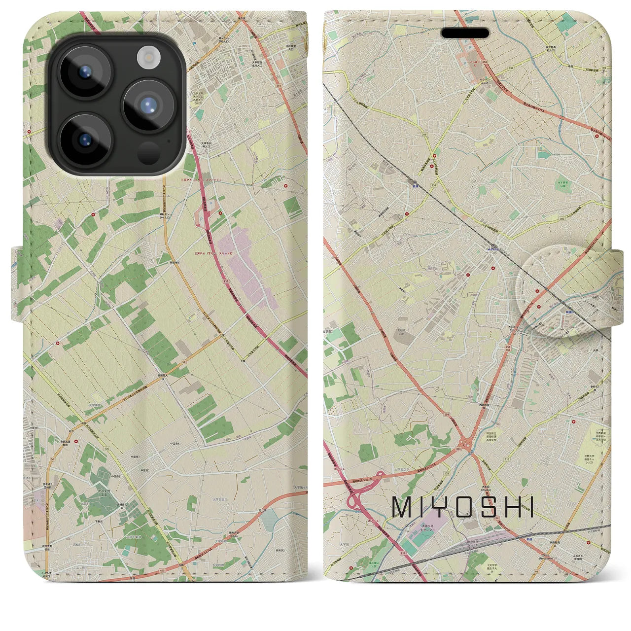 【三芳(埼玉県)】地図柄iPhoneケース(手帳タイプ)ナチュラル・iPhone 15 Pro Max 用