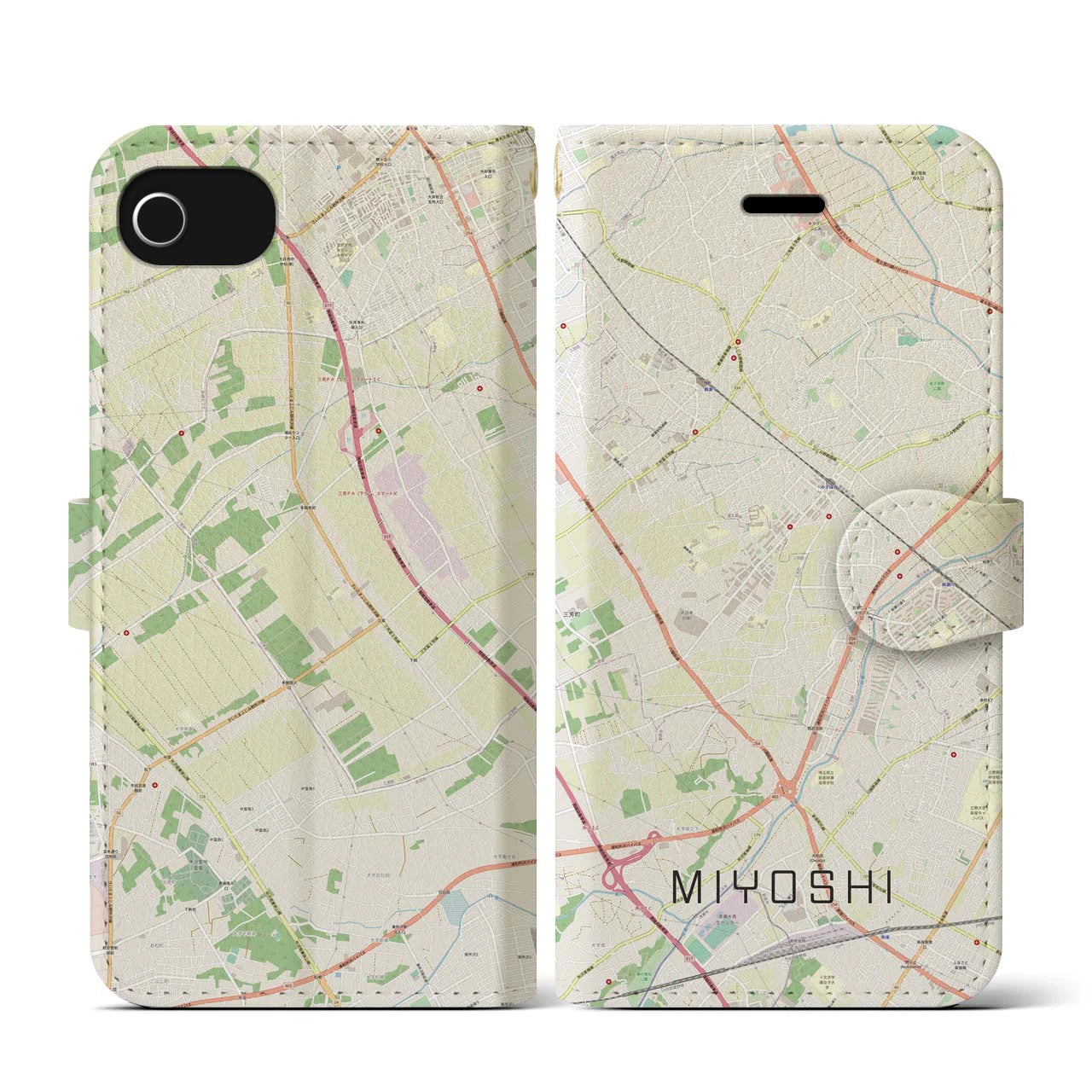 【三芳(埼玉県)】地図柄iPhoneケース(手帳タイプ)ナチュラル・iPhone SE(第3 / 第2世代) / 8 / 7 / 6s / 6 用