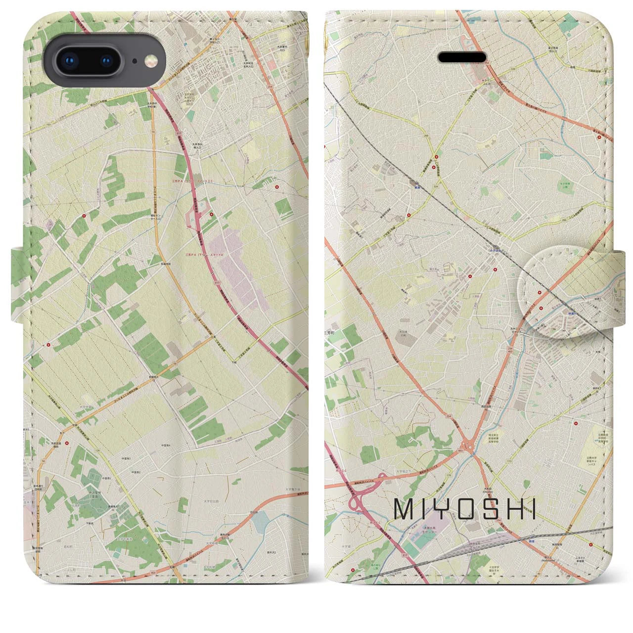 【三芳(埼玉県)】地図柄iPhoneケース(手帳タイプ)ナチュラル・iPhone 8Plus /7Plus / 6sPlus / 6Plus 用