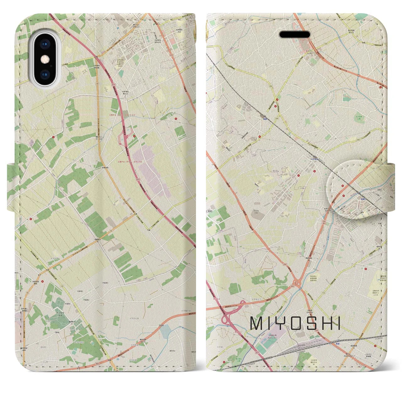 【三芳(埼玉県)】地図柄iPhoneケース(手帳タイプ)ナチュラル・iPhone XS Max 用