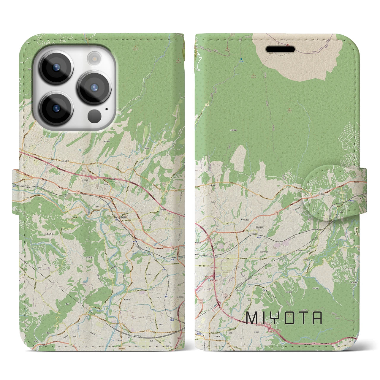 【御代田(長野県)】地図柄iPhoneケース(手帳タイプ)ナチュラル・iPhone 14 Pro 用