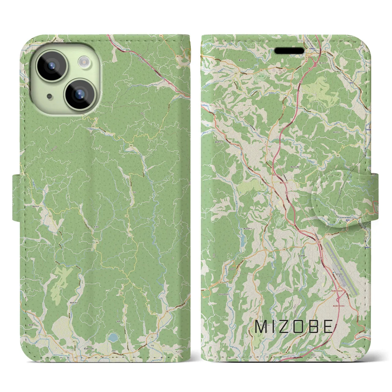 【溝辺(鹿児島県)】地図柄iPhoneケース(手帳タイプ)ナチュラル・iPhone 15 用