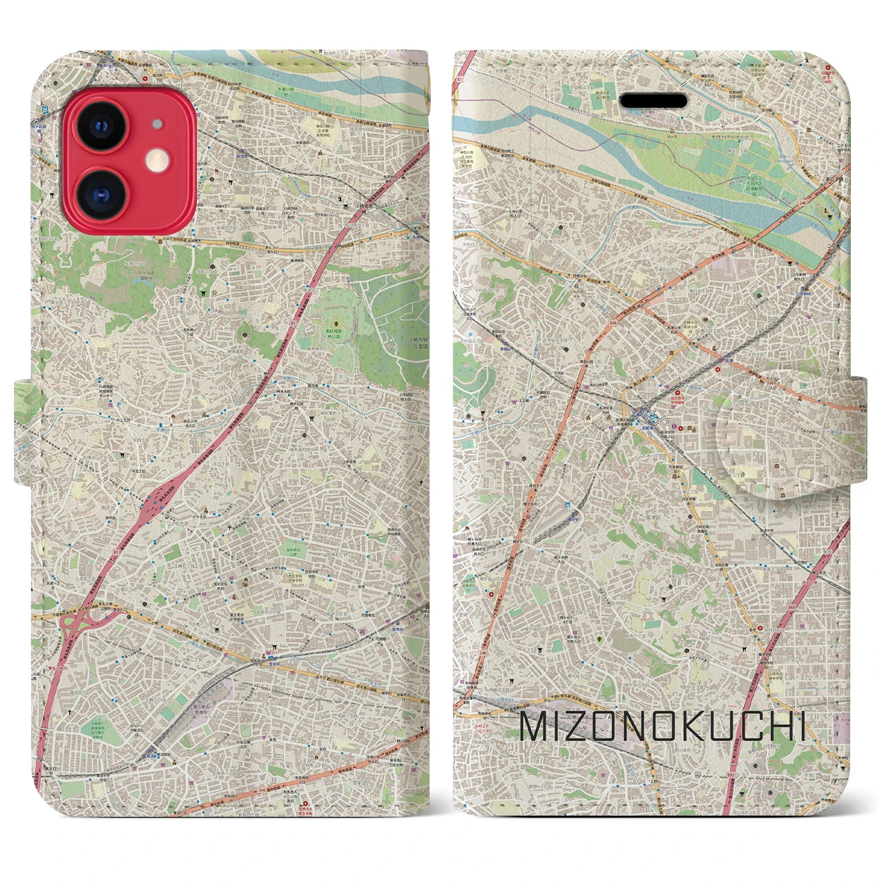 【溝の口(神奈川県)】地図柄iPhoneケース(手帳タイプ)ナチュラル・iPhone 11 用