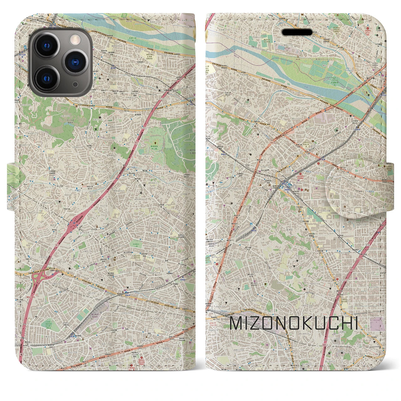 【溝の口(神奈川県)】地図柄iPhoneケース(手帳タイプ)ナチュラル・iPhone 11 Pro Max 用