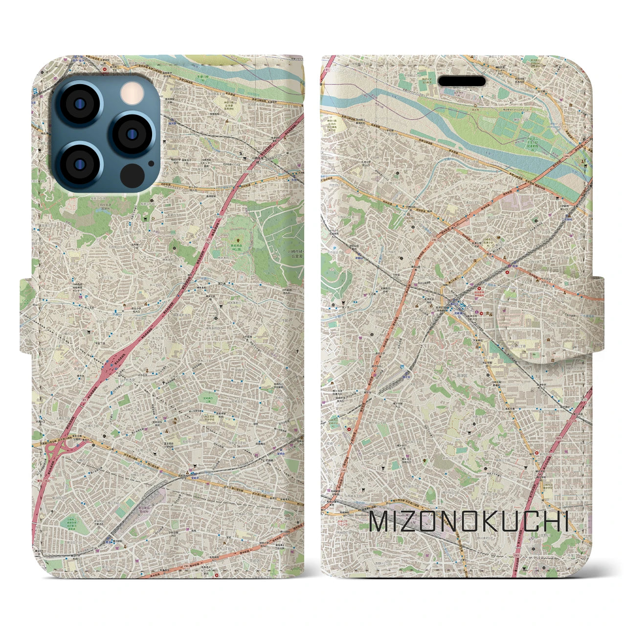 【溝の口(神奈川県)】地図柄iPhoneケース(手帳タイプ)ナチュラル・iPhone 12 / 12 Pro 用