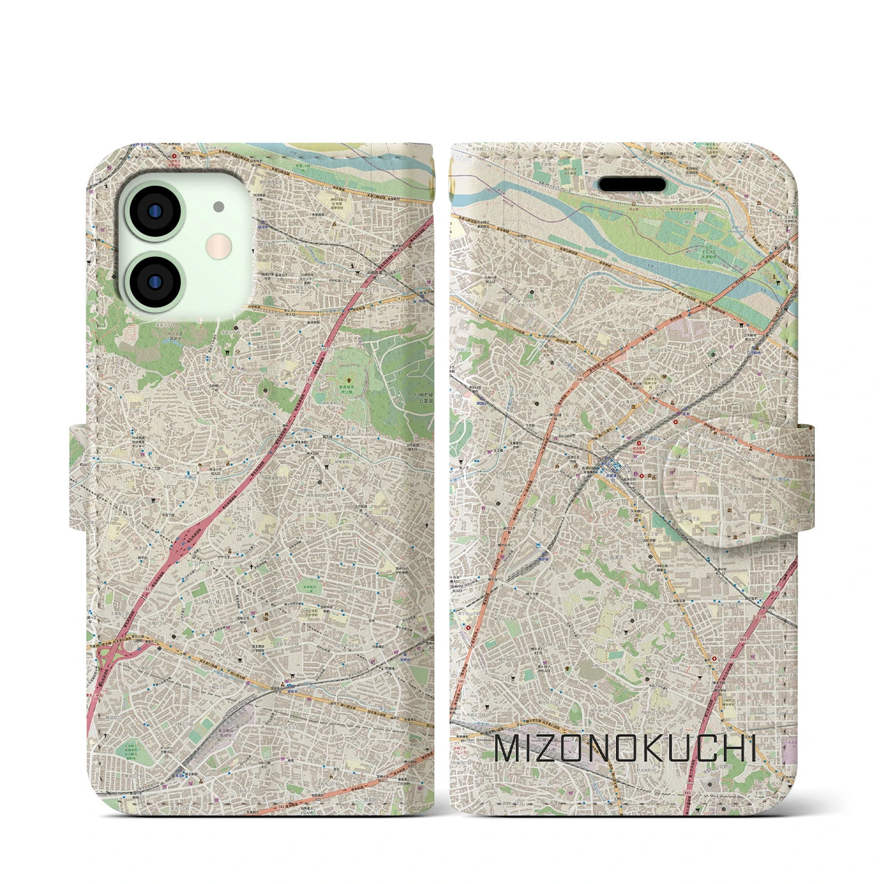 【溝の口(神奈川県)】地図柄iPhoneケース(手帳タイプ)ナチュラル・iPhone 12 mini 用