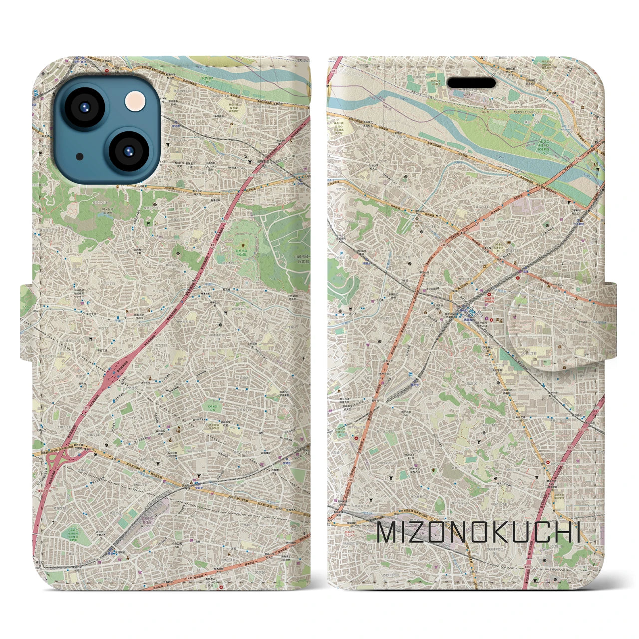 【溝の口(神奈川県)】地図柄iPhoneケース(手帳タイプ)ナチュラル・iPhone 13 用