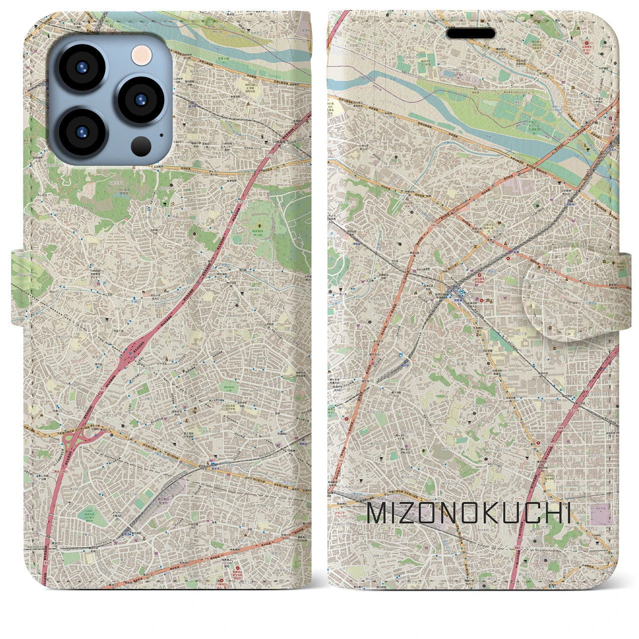 【溝の口(神奈川県)】地図柄iPhoneケース(手帳タイプ)ナチュラル・iPhone 13 Pro Max 用