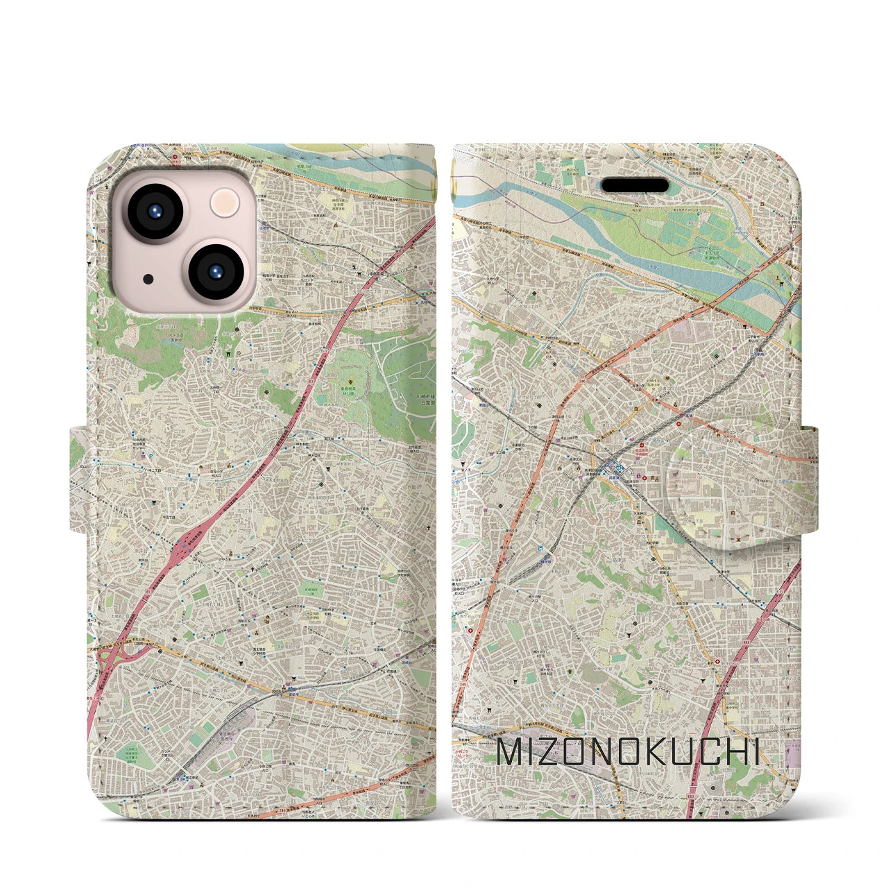 【溝の口(神奈川県)】地図柄iPhoneケース(手帳タイプ)ナチュラル・iPhone 13 mini 用