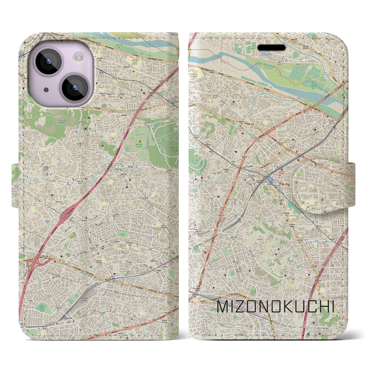 【溝の口(神奈川県)】地図柄iPhoneケース(手帳タイプ)ナチュラル・iPhone 14 用