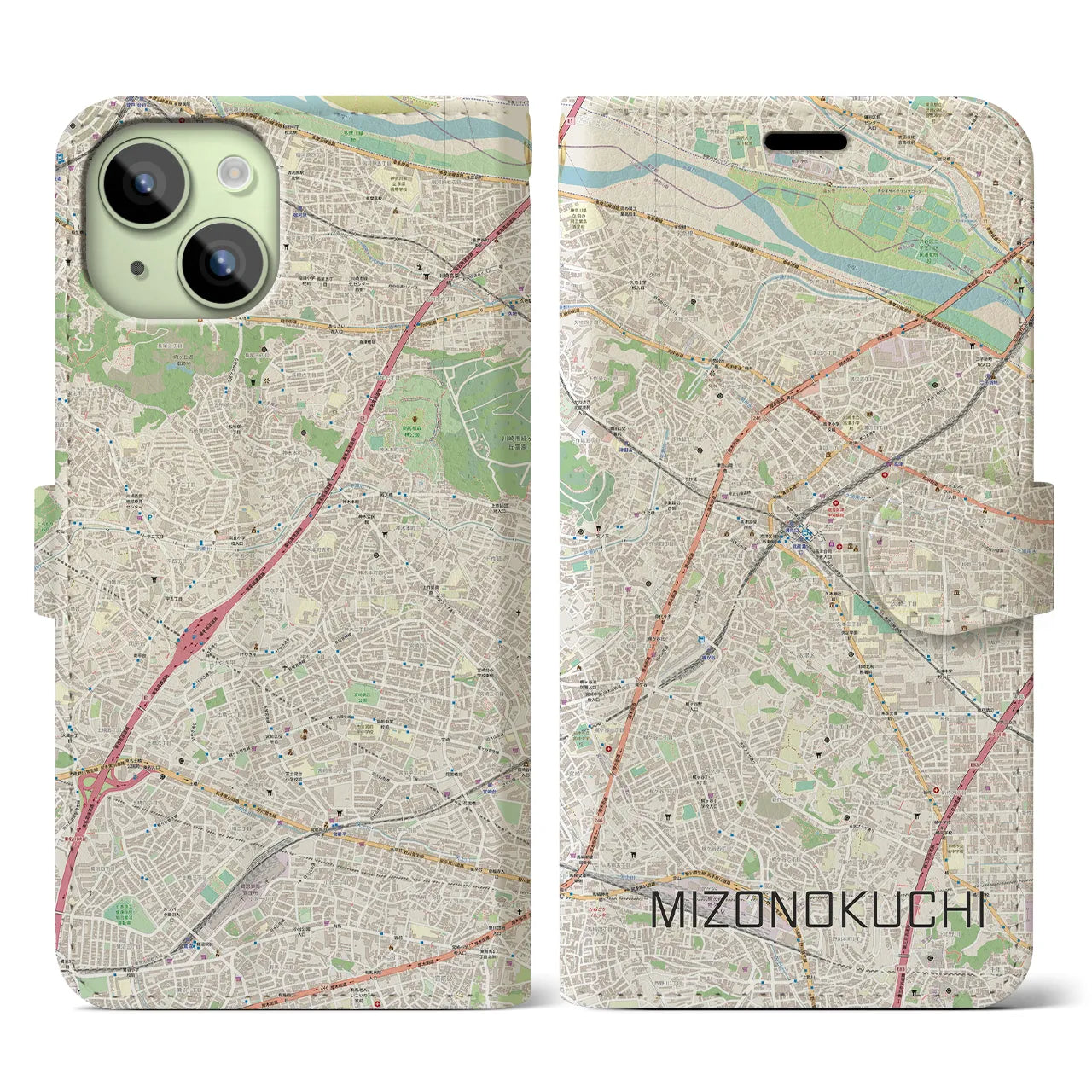 【溝の口(神奈川県)】地図柄iPhoneケース(手帳タイプ)ナチュラル・iPhone 15 用