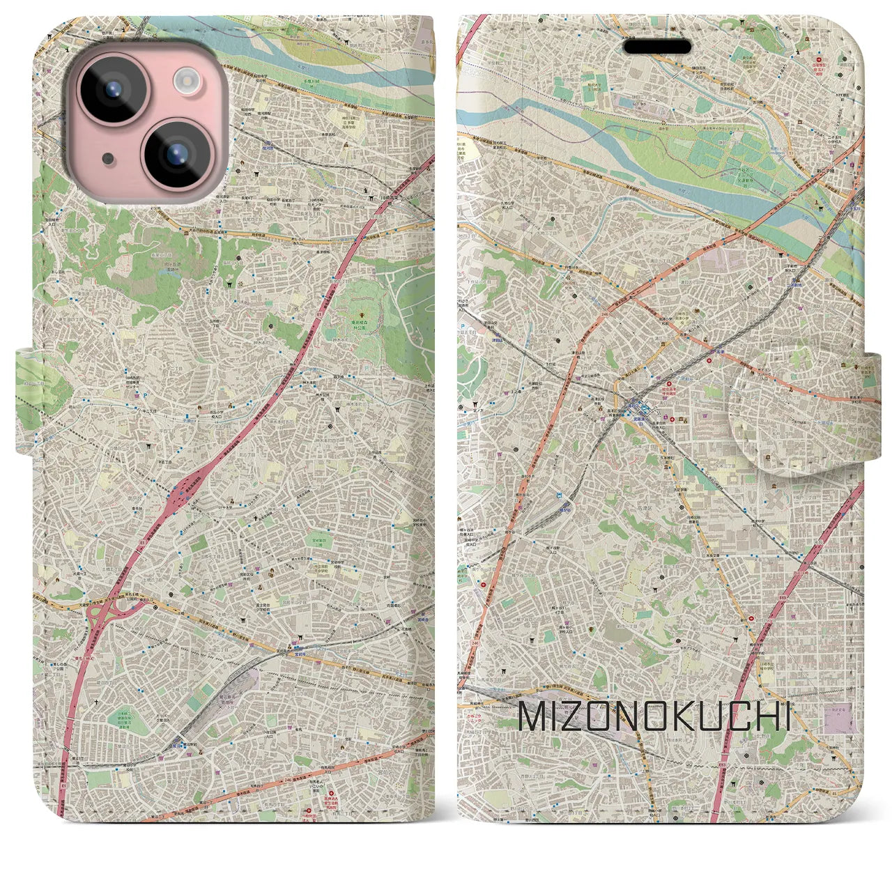 【溝の口(神奈川県)】地図柄iPhoneケース(手帳タイプ)ナチュラル・iPhone 15 Plus 用
