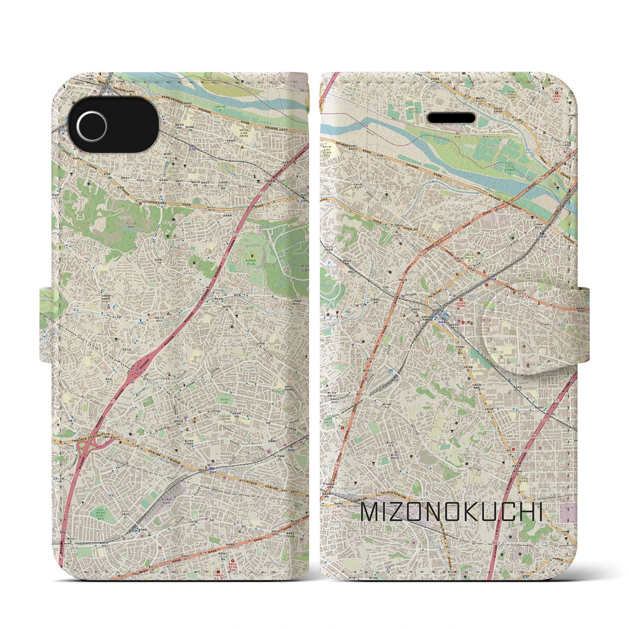 【溝の口(神奈川県)】地図柄iPhoneケース(手帳タイプ)ナチュラル・iPhone SE(第3 / 第2世代) / 8 / 7 / 6s / 6 用