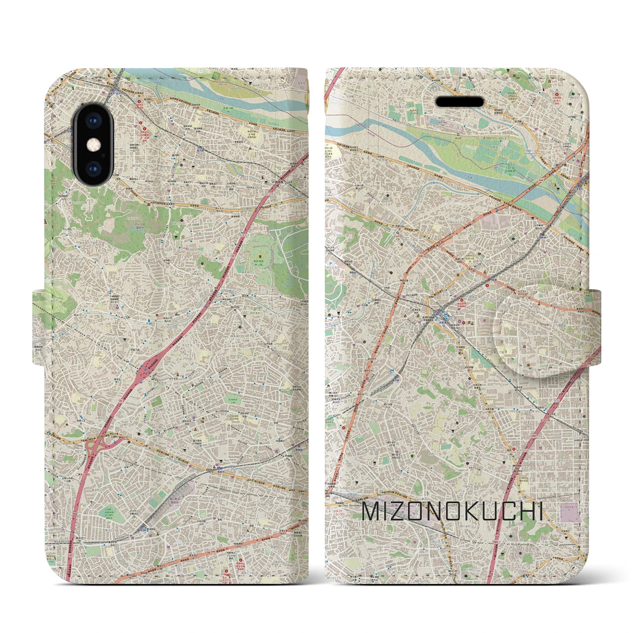 【溝の口(神奈川県)】地図柄iPhoneケース(手帳タイプ)ナチュラル・iPhone XS / X 用