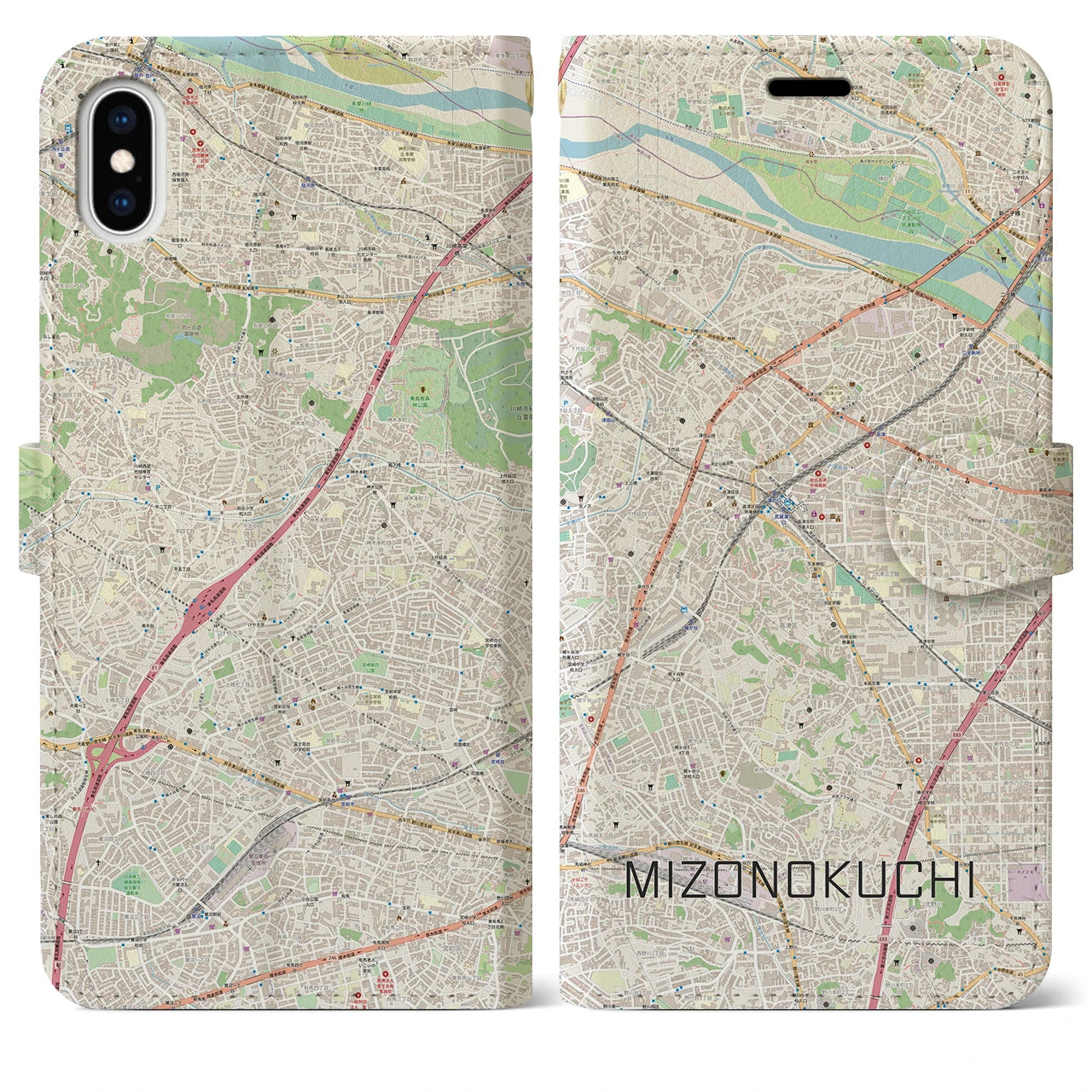 【溝の口(神奈川県)】地図柄iPhoneケース(手帳タイプ)ナチュラル・iPhone XS Max 用
