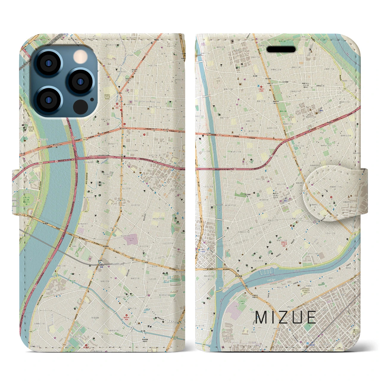 【瑞江(東京都)】地図柄iPhoneケース(手帳タイプ)ナチュラル・iPhone 12 / 12 Pro 用