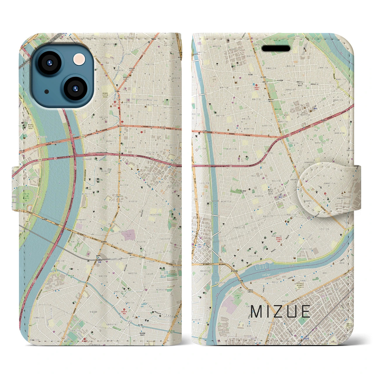 【瑞江(東京都)】地図柄iPhoneケース(手帳タイプ)ナチュラル・iPhone 13 用