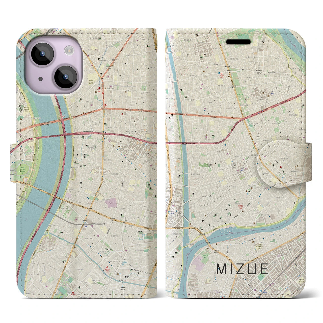 【瑞江(東京都)】地図柄iPhoneケース(手帳タイプ)ナチュラル・iPhone 14 用