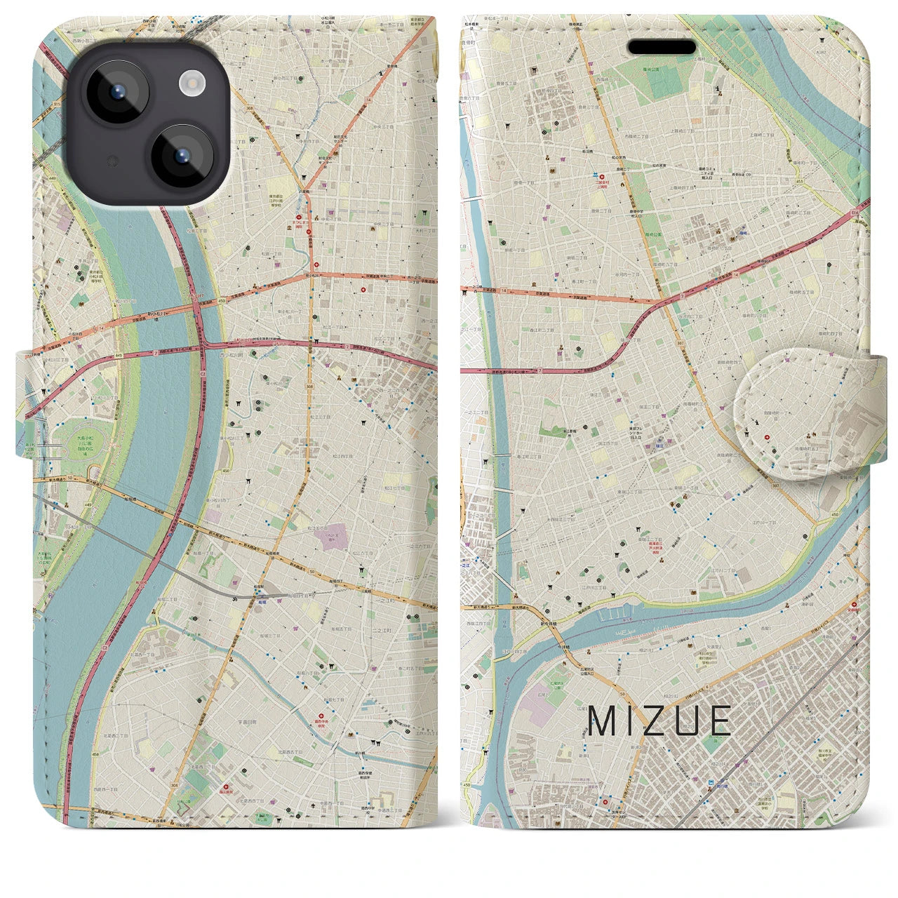 【瑞江(東京都)】地図柄iPhoneケース(手帳タイプ)ナチュラル・iPhone 14 Plus 用