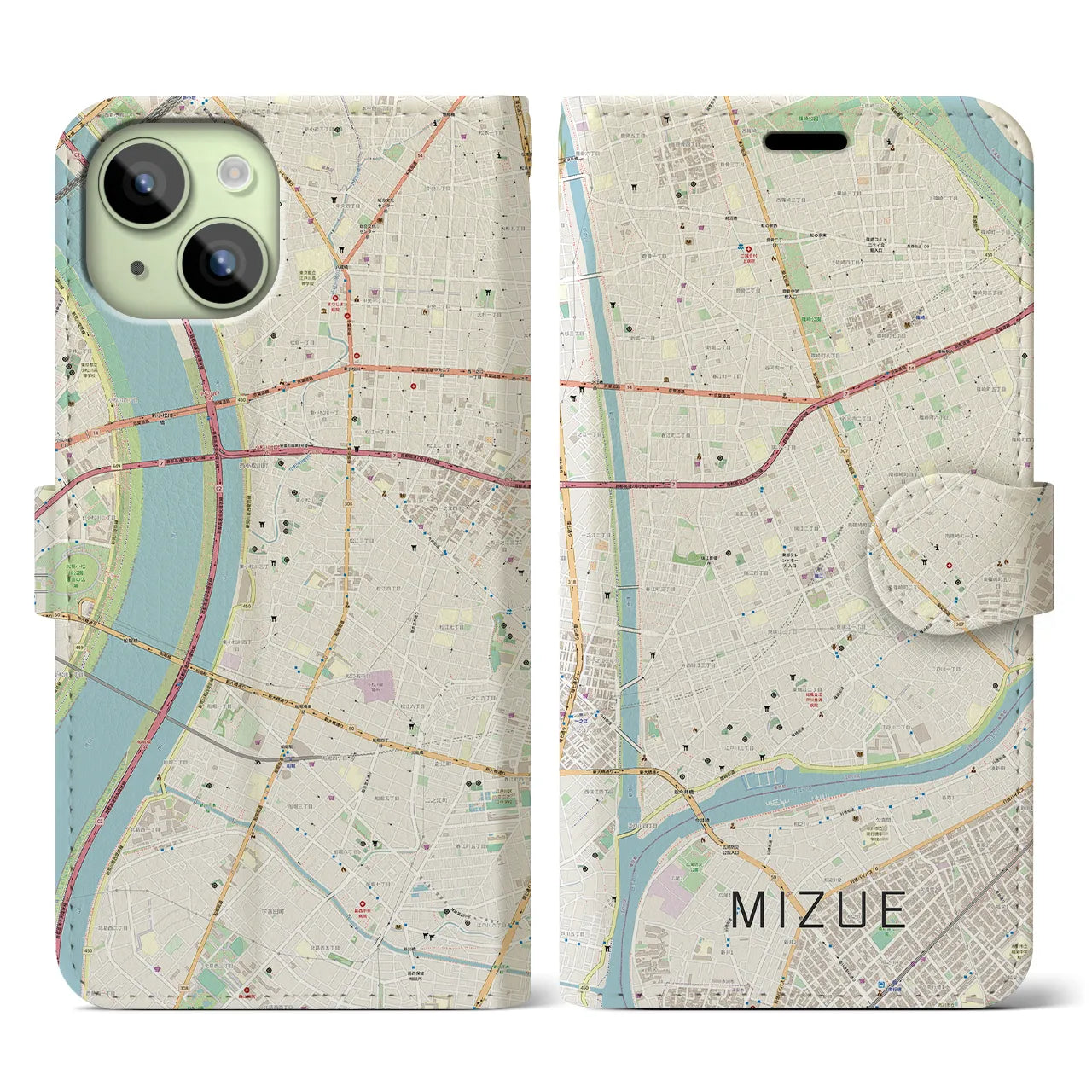 【瑞江(東京都)】地図柄iPhoneケース(手帳タイプ)ナチュラル・iPhone 15 用