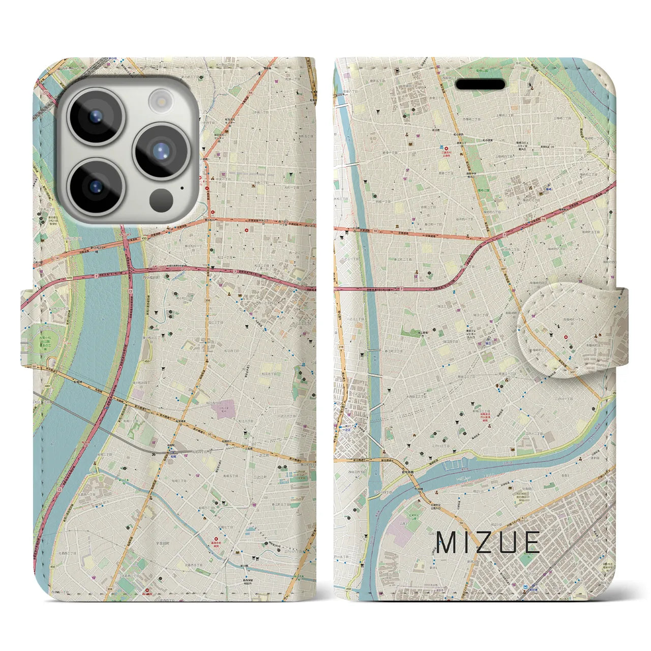 【瑞江(東京都)】地図柄iPhoneケース(手帳タイプ)ナチュラル・iPhone 15 Pro 用