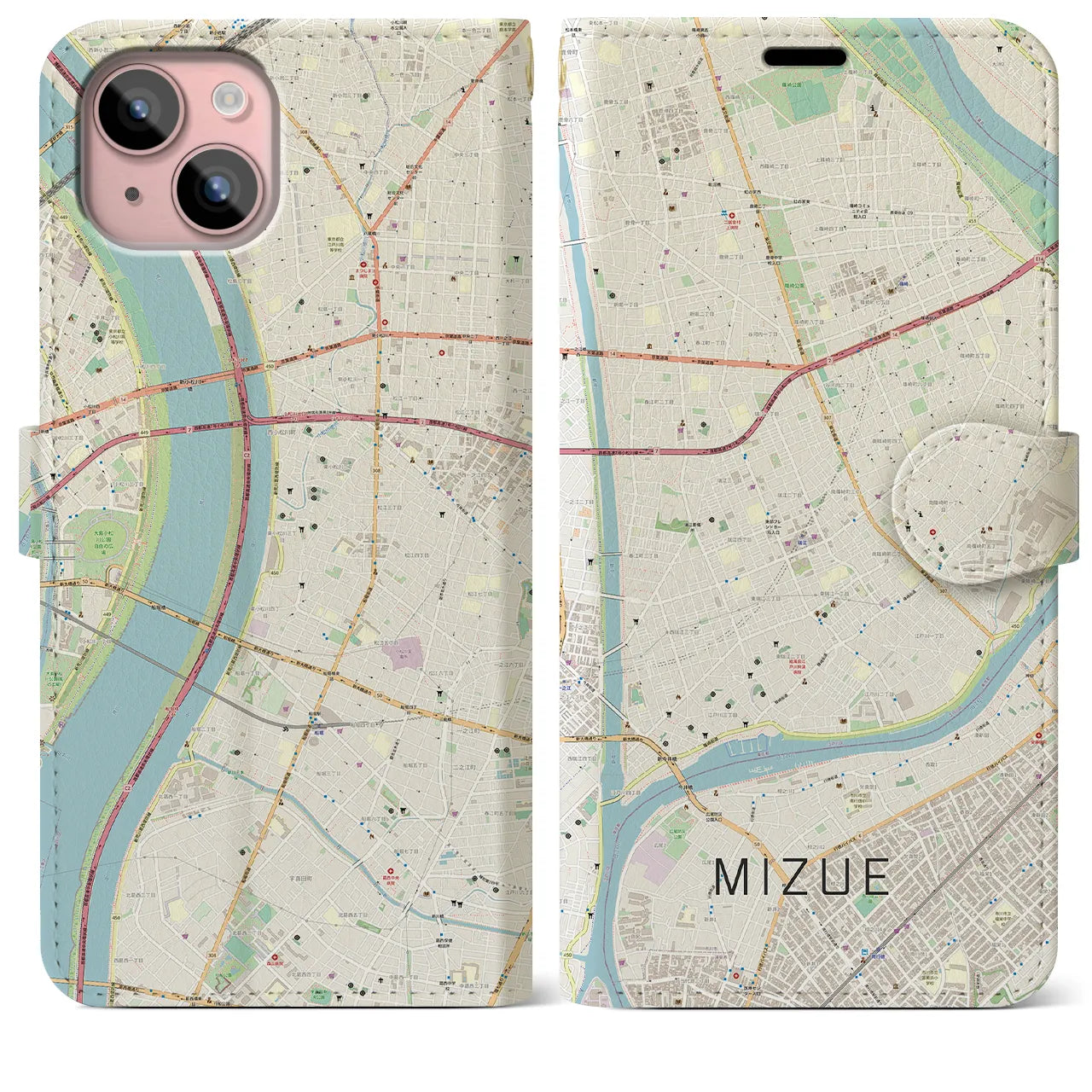 【瑞江(東京都)】地図柄iPhoneケース(手帳タイプ)ナチュラル・iPhone 15 Plus 用